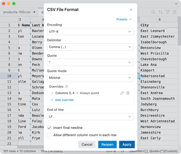 CSV file format dialog with delimiter, quote, and encoding options