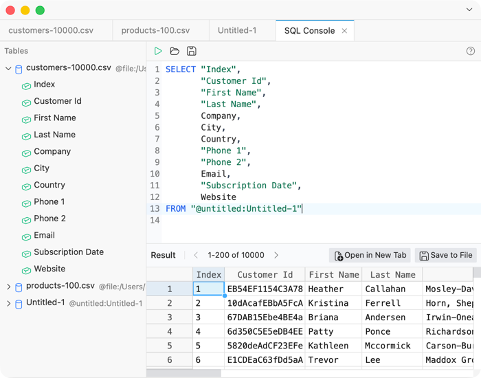 SQL Console running a SELECT query on a CSV file